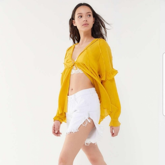 UO Boho Babydoll Yellow Tie Front Top - Picture 2 of 8